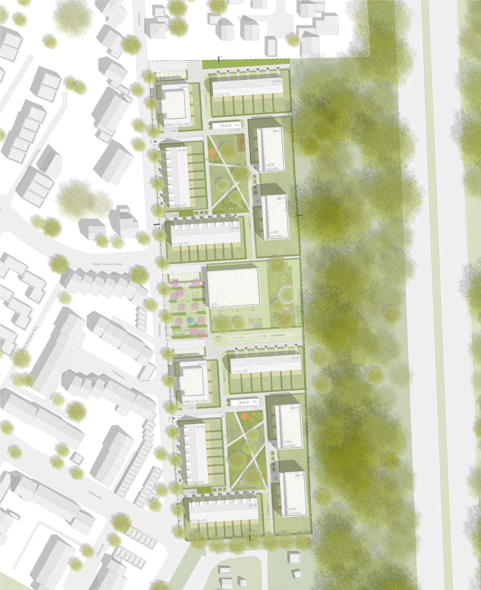 Die Zeichnung zeigt den Lageplan des st&auml;dtebaulichen Konzepts Wohnbebauung Falkenweg-Rondorf von Damrau Kusserow Architekten