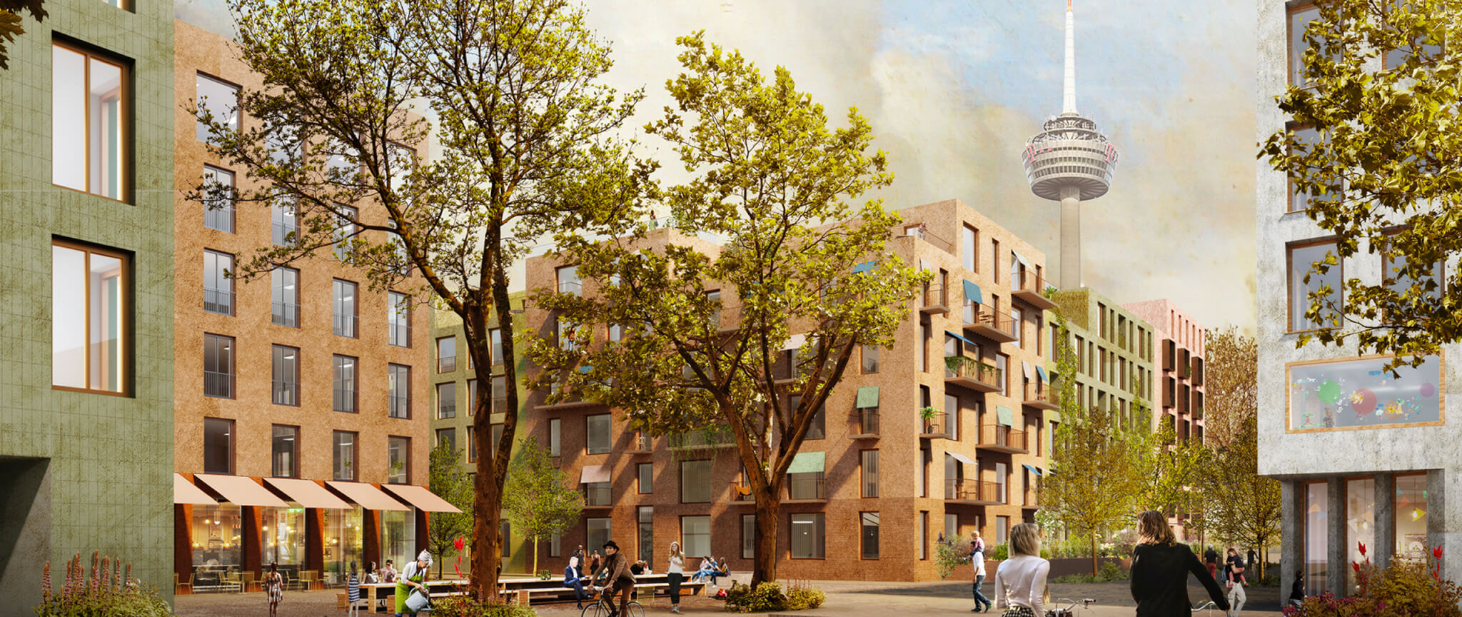 Der Teaser zeigt einen Ausschnitt der Visualisierung des Projekts Ehrenfelder Stadtbausteine von Damrau Kusserow Architekten