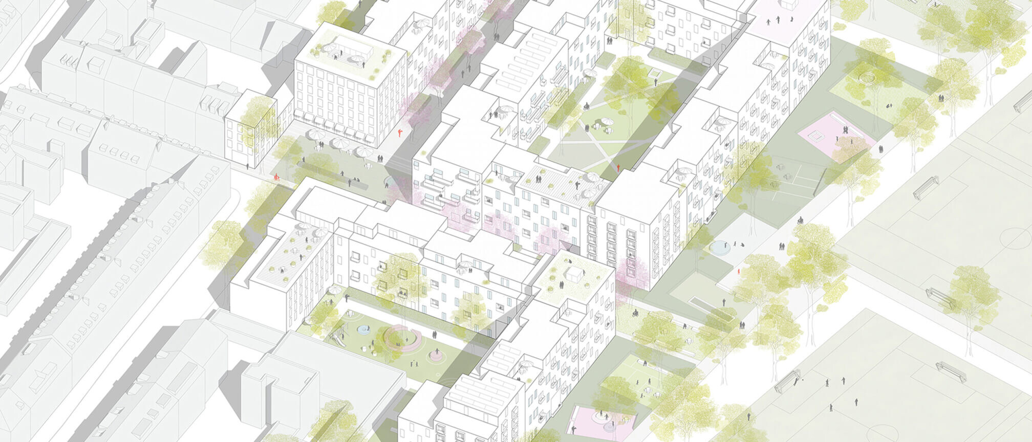 Der Teaser zeigt einen Ausschnitt der Isometrie des Projekts Ehrenfelder Stadtbausteine von Damrau Kusserow Architekten