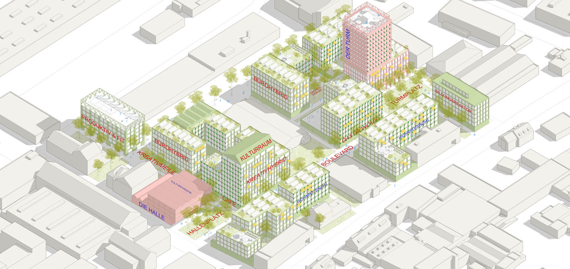 Axonometrie für den Wettbewerb THE WID Gewerbequartier Ehrenfeld von Damrau Kusserow Architekten