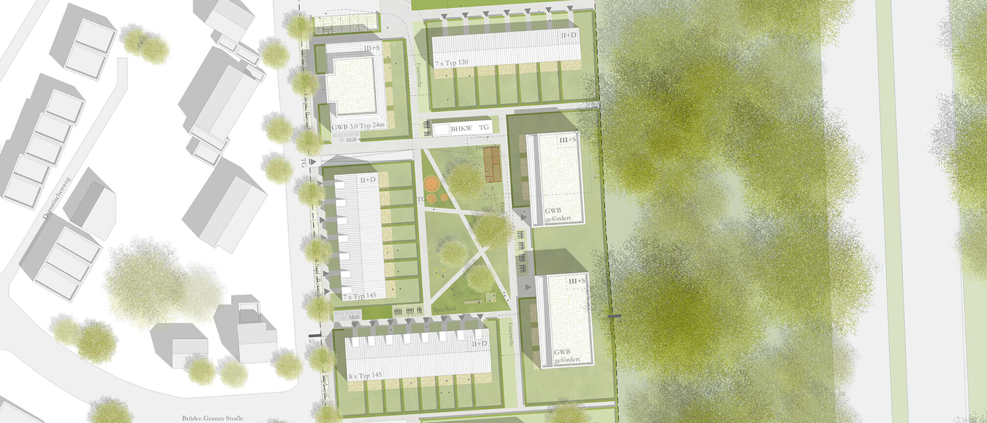 Der Teaser3 zeigt den Lageplan des städtebaulichen Konzepts Wohnbebauung Falkenweg-Rondorf von Damrau Kusserow Architekten